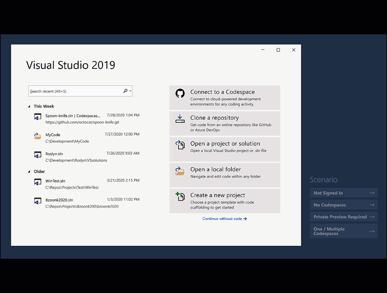 Visual Studio Connect to Codespaces animated prototype sequence